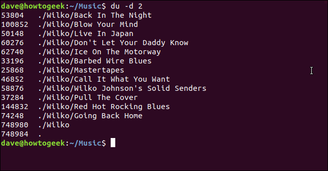 The "du -d 2" command in a terminal window.