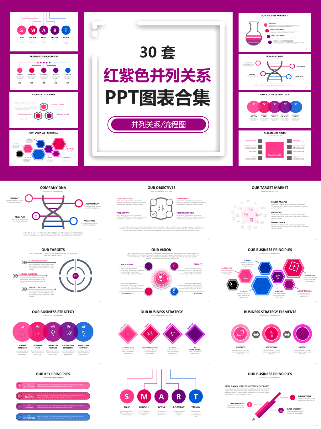 红紫色调并列关系PPT图表合集