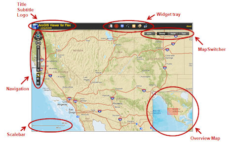 Screenshot showing Flex Viewer with its main parts pointed out.