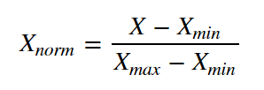 x' = (x - X_min) / (X_max - X_min)