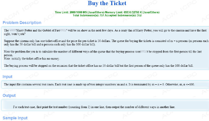 (卡特兰数)hdu1133 <wbr> <wbr>Buy <wbr>the <wbr>Ticket
