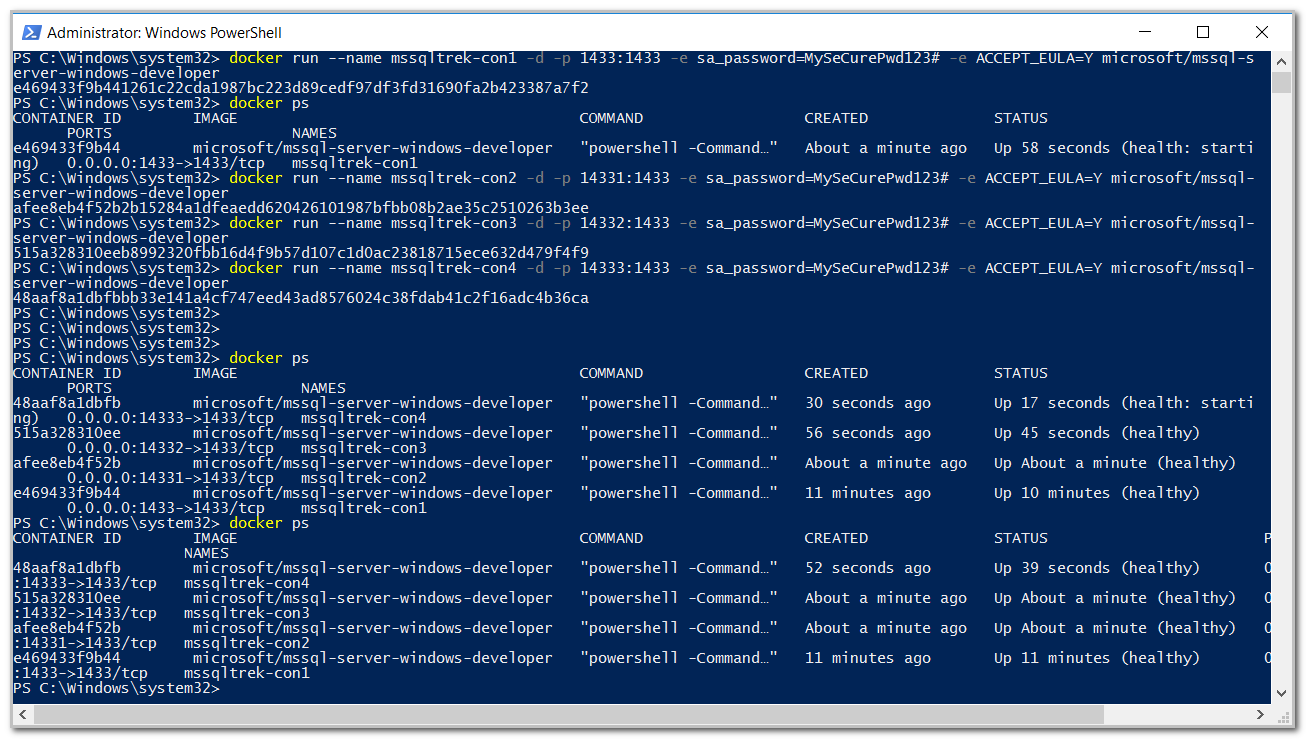 Create multiple containers  based on the same SQL image.