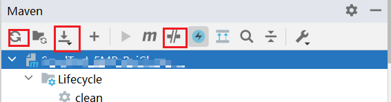 从左至右：reimport按钮、Download Source按钮、Toggle offline mode按钮