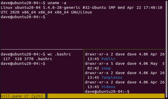 tmux prompting to delete a pane in a terminal window.