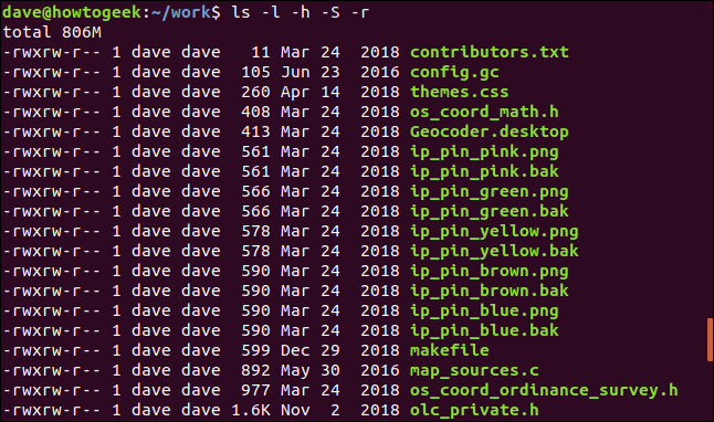 ls -l -h -S -r in a terminal window