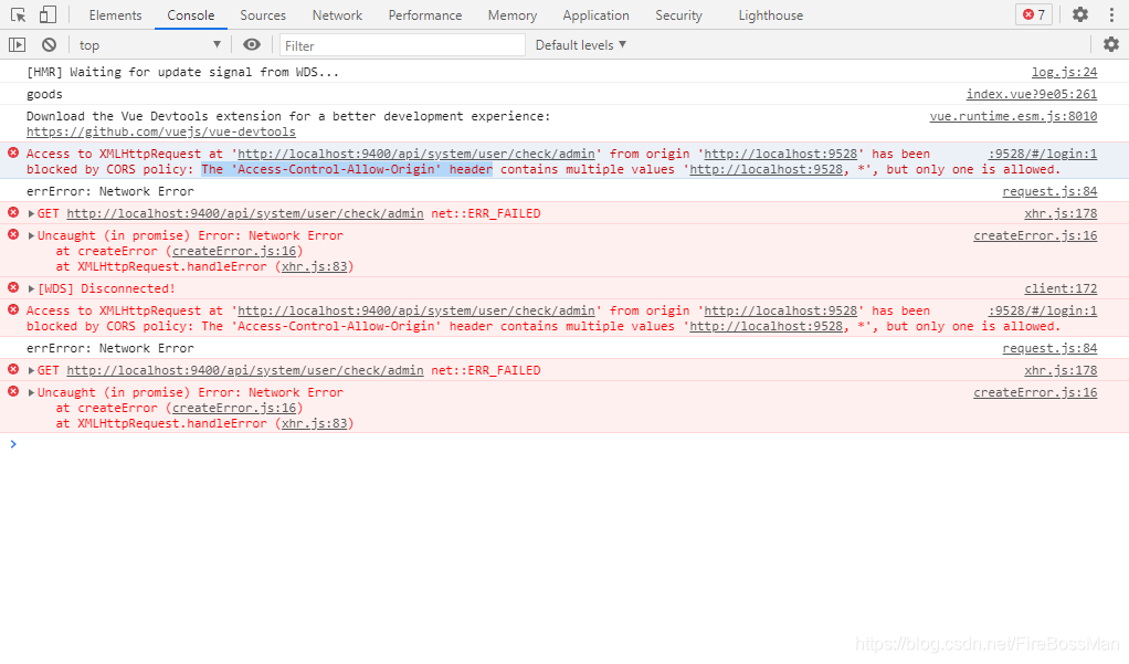 Access to XMLHttpRequest at 'http://localhost:9400/api/system/user/check/admin' from origin 'http://localhost:9528' has been blocked by CORS policy: The 'Access-Control-Allow-Origin' header contains multiple values 'http://localhost:9528, *', but only one is allowed.
