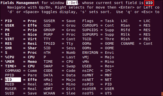 top displaying the field management screen with the UID column set as the sort column in a terminal window.