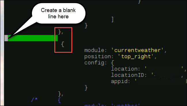 modules code, with a newline inserted after }, and before {​