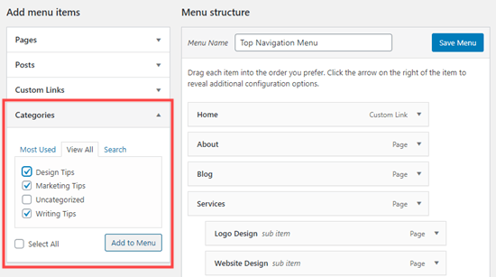 Adding categories to your menu