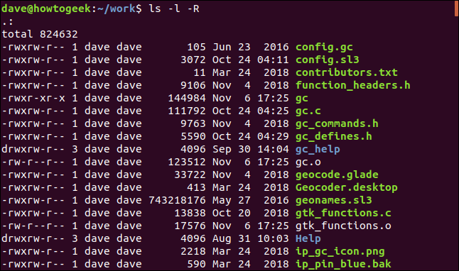 ls -l -R in a terminal window