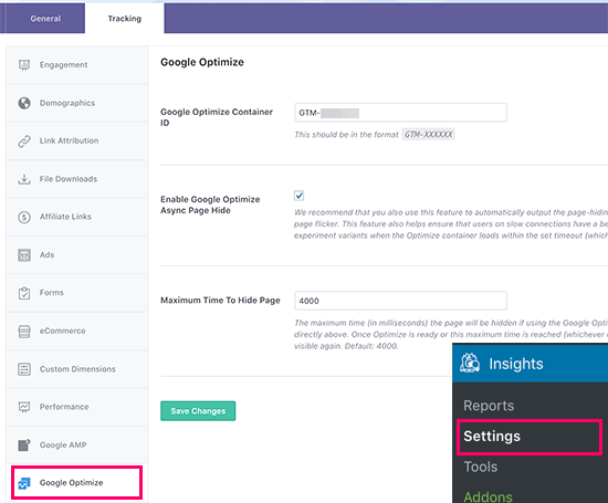 Google Optimize settings in MonsterInsights