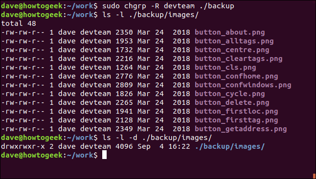 sudo chgrp -R devteam ./backup in a terminal window