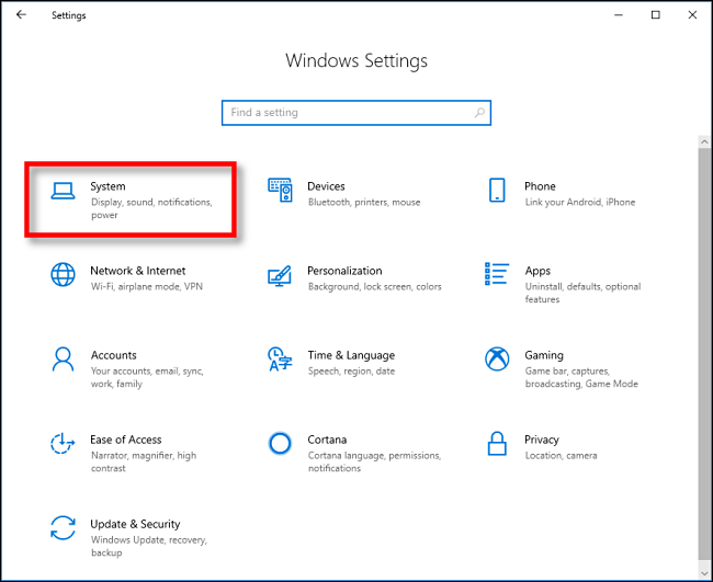 Click "System" in "Windows Settings" on Windows 10.