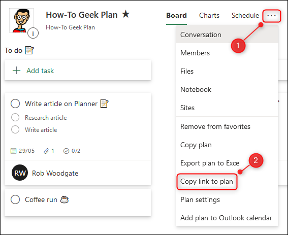 The "Copy link to plan" option in the Planner menu.