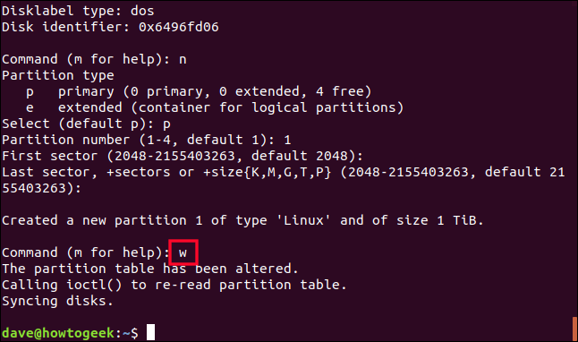 writing the fdisk changes to the drive in a terminal window