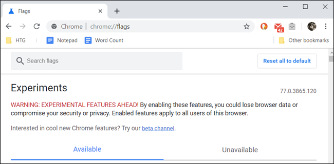 Chrome Flags webpage.
