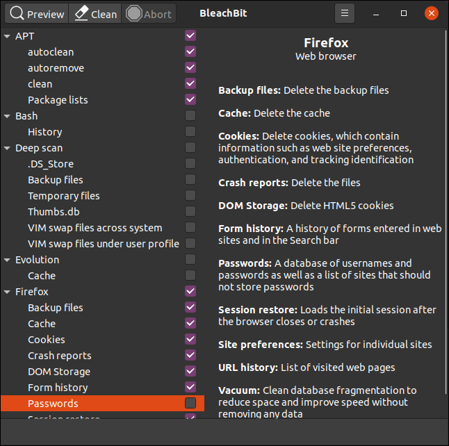 The "Passwords" category highlighted under "Firefox" on the left and the options on the right.