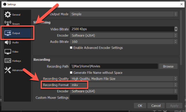 To change the OBS recording format, press Settings > Output, then select another file format under the "Recording Format" section