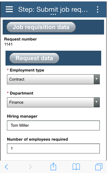 移动设备上的IBM BPM Process Portal中的示例Submit Job Requisition任务的屏幕截图