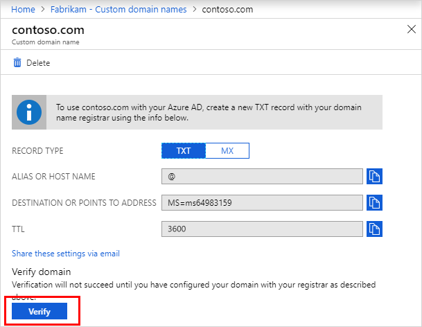 Contoso page with DNS entry information and the Verify button