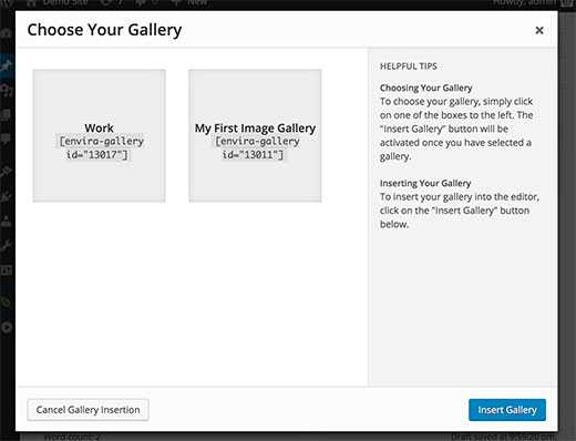 Choose gallery you want to insert