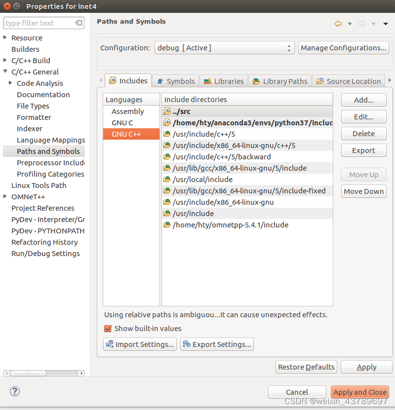 在includes下的GNU C++中添加路径/home/xxx/anaconda3/envs/python37/include/python3.7m