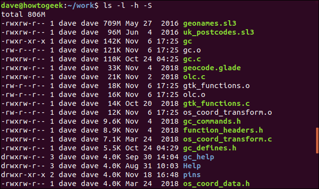 ls -l -h -S in a terminal window