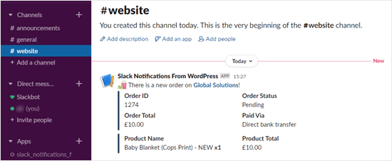 The Slack notification for a new order in WooCommerce