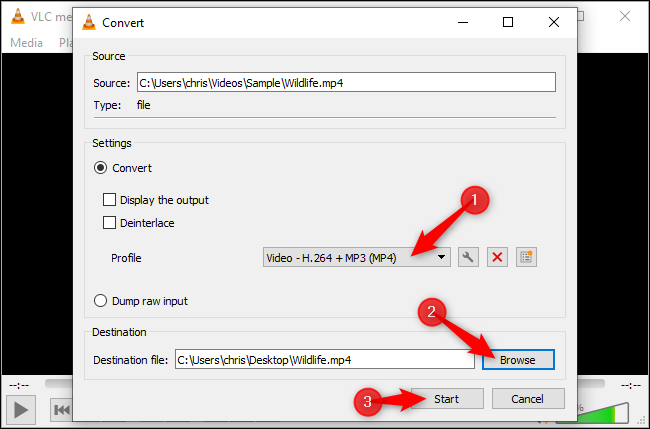 Select the codec and container to which you want to convert, click "Browse"and choose a location and filename for the output file, and then click "Start."