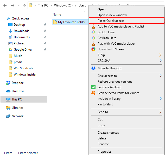 Click "Pin to Quick Access."