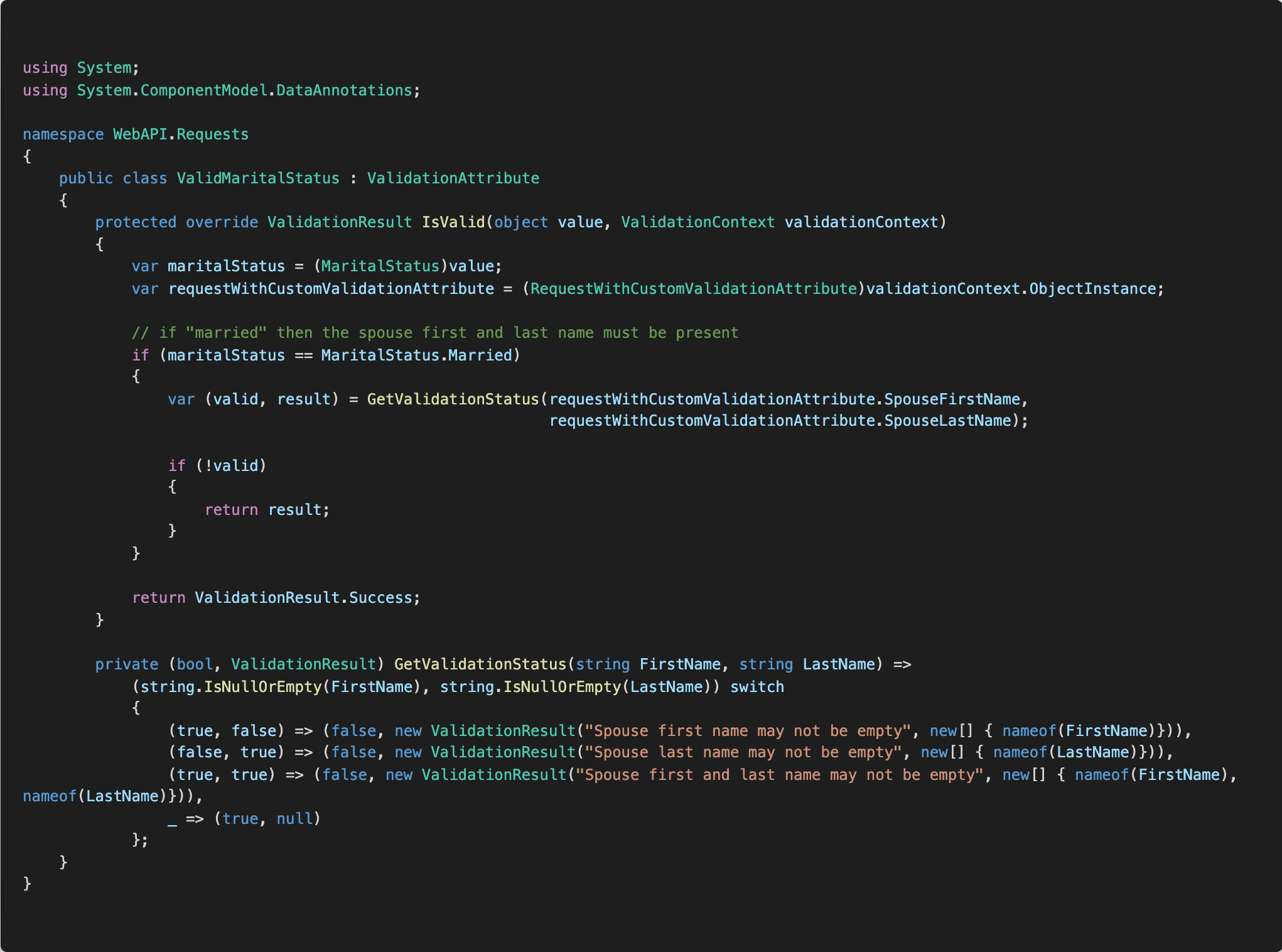 ValidMaritalStatus Custom Validation Attribute