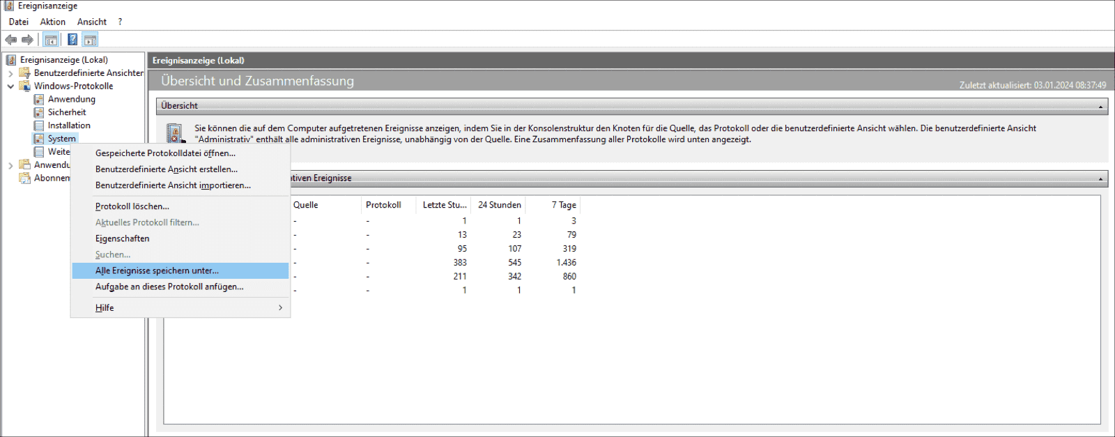 在 Windows Server 上使用事件查看器保存日志条目