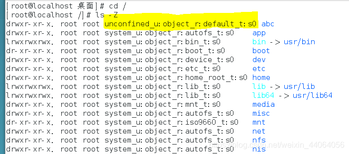 SELINUX标签共有四部分，如图高亮表示，每部分用：隔开