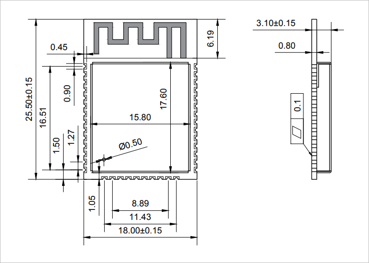 ▲ ESP32-s模块的尺寸封装图