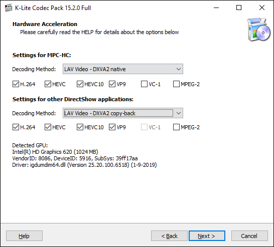 Confirm K-Lite Media Player Classic hardware acceleration options, then click Next