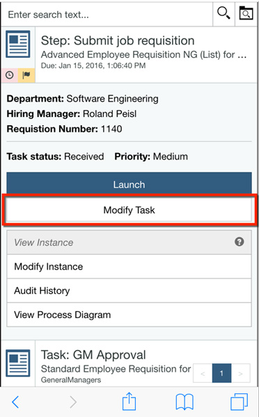 移动设备上的IBM BPM Process Portal中的任务详细信息的屏幕截图