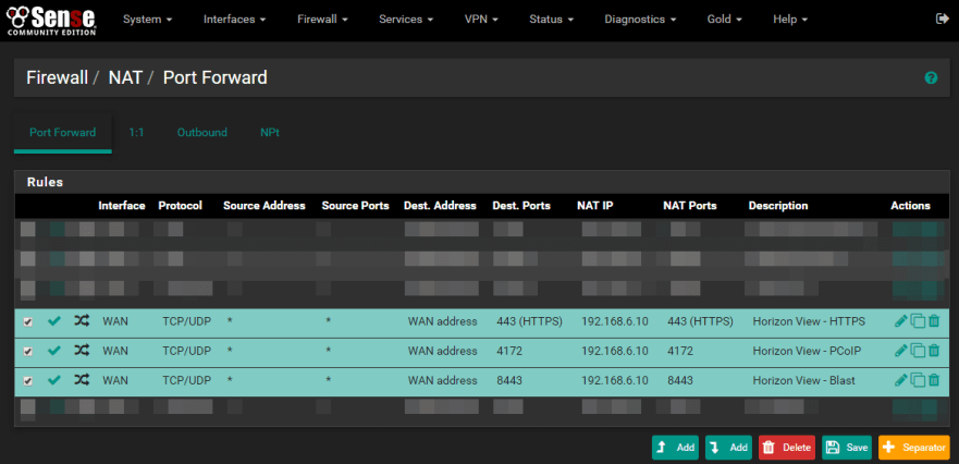 pfSense - Horizon View Port Forward NAT
