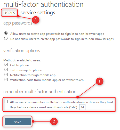 The "service settings" options and the "users" tab