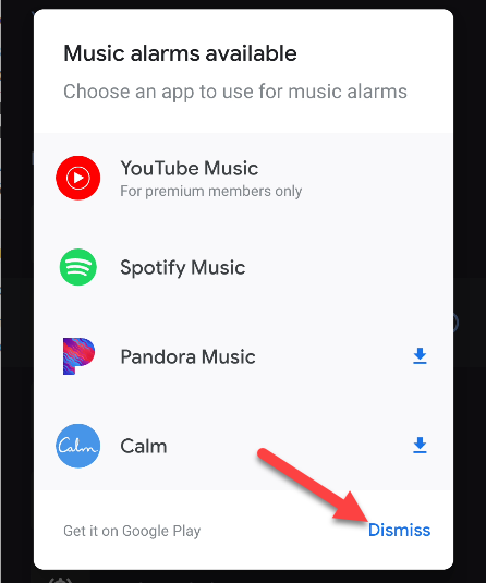 Tap "Dismiss" in the "Music Alarms Available" menu to choose a sound, instead.