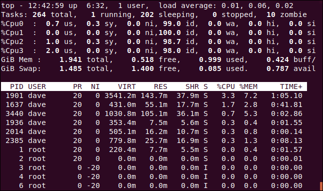 top with the cpu display expanded to see individual CPU statistics, in a terminal window.