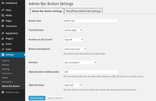 Configure the admin bar button settings