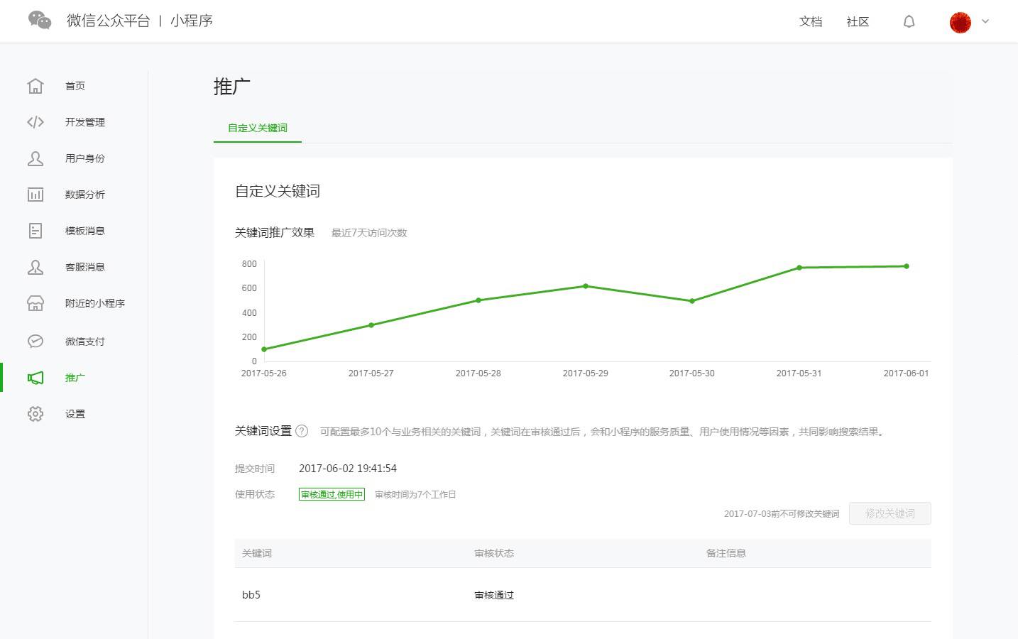 开发者可在小程序后台的 推广 模块中，查看通过自定义关键词带来的访问次数。