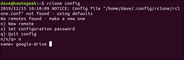 rclone menu to create a new remote, in a terminal window