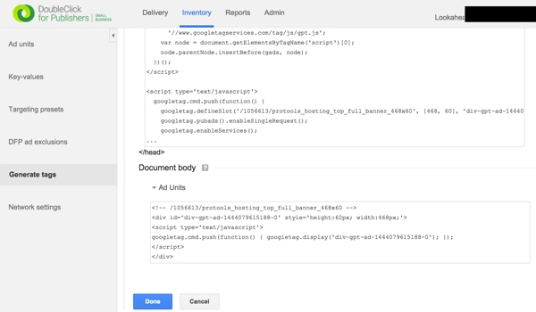 Google DFP广告管理系统生成广告单元HTML和Javascript代码