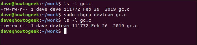 sudo chgrp devteam gc.c in a terminal window