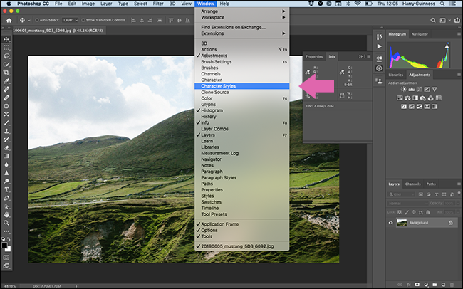 The "Window" menu in Photoshop.