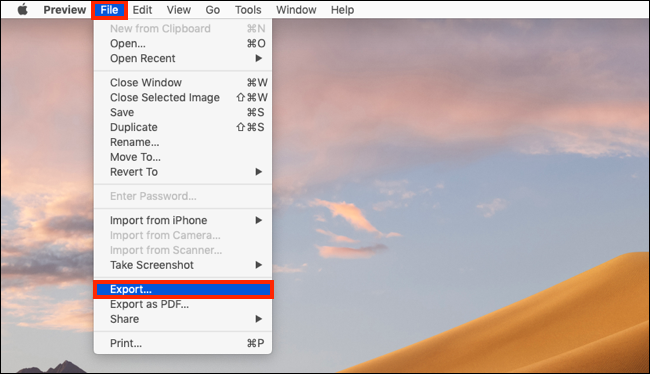 In the Preview app click on File and then Export