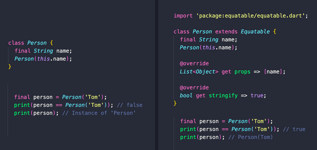 想要为您的类自动生成 hashCode、== 和 toString() 实现吗? 使用 Equatable 包: