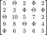 \begin{bmatrix}5 &amp; \Theta &amp; 2 &amp; \Phi &amp; 2 \\2 &amp; 3 &amp; \Phi &amp; \Theta &amp; \Phi \\ \Theta &amp; 10 &amp; 5 &amp; 7 &amp; 2 \\ 9 &amp; 8 &amp; \Theta &amp; \Phi &amp; 4 \\ \Phi &amp; 6 &amp; 3 &amp; 6 &amp; 5 \end{bmatrix}