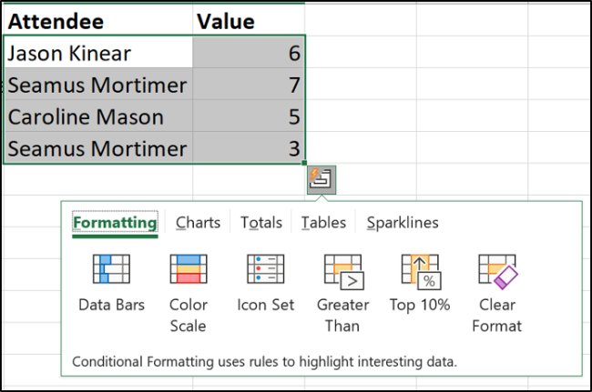 Access quick analysis tools through the smart tag